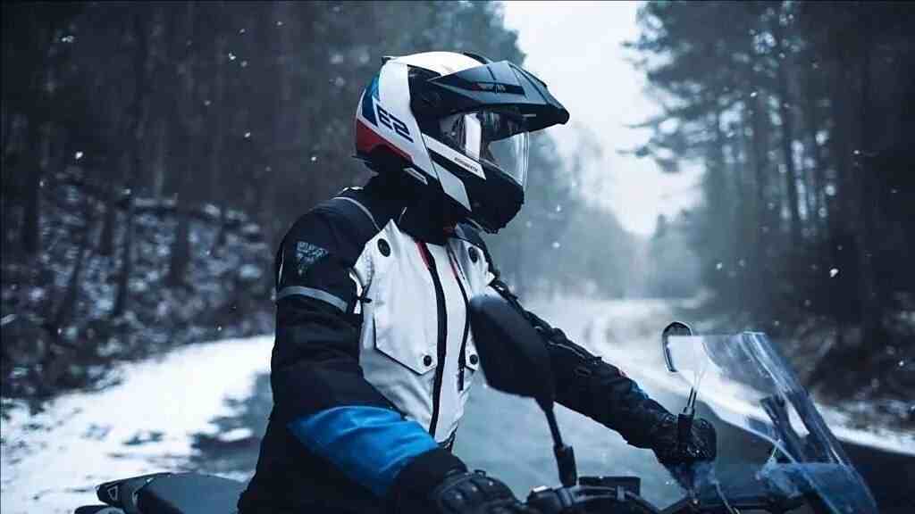Well-equipped motorcyclists are riding on snowy roads